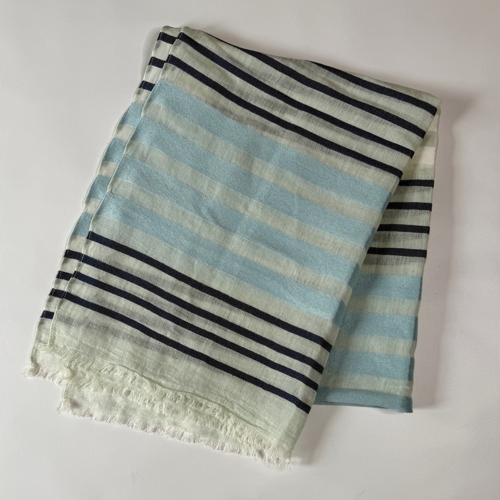 Wrap Scarf Blue Stripe Resort Boutique 27" x 80" Sheer Lightweight Fringed Ends